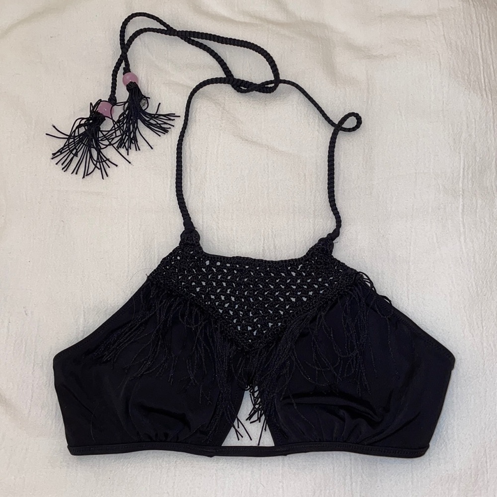 Victoria's Secret Black Crochet Fringe Halter Bikini Top - Picture 2 of 7